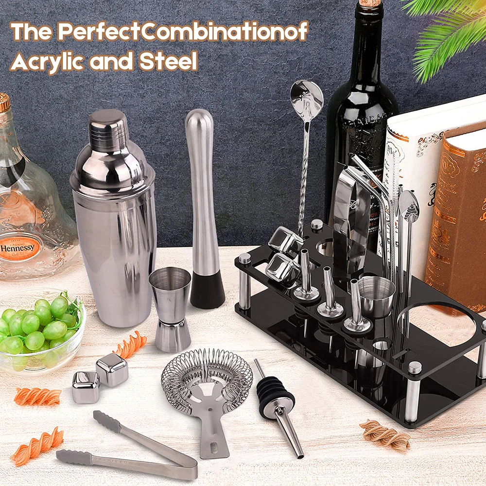 Bartender Kit Boston Cocktail Shaker Set With Acrylic Stand Stainless Steel Ice Cube For Mixed Drinks Martini Bar Tools Set