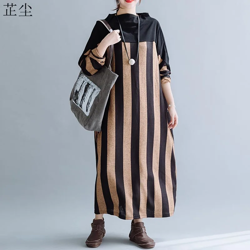 

Plus Size Knitting Women Dress Vintage Winter Cotton Striped Maxi Dresses Robe Femme Oversize Loose Turtleneck Sweater Dress 6XL