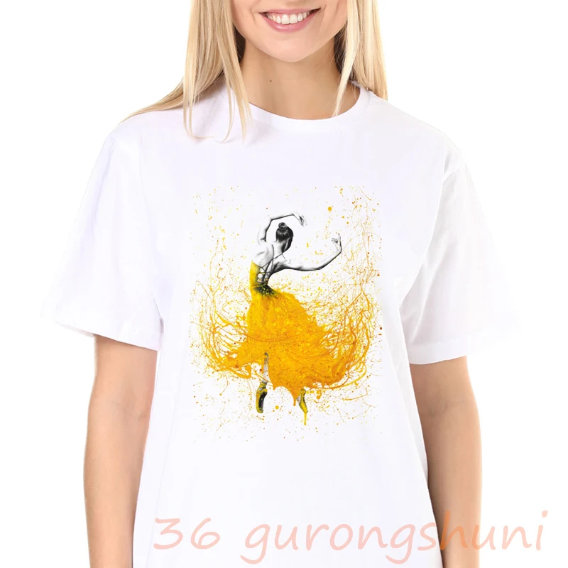 

2020 Акварельная балетная женская футболка с коротким рукавом, Женская Винтажная футболка, кавайная одежда, белые женские топы, футболки