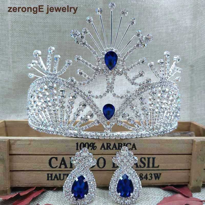zerongE jewelry 4.1" Baroque silver Bridal Tiara Crown Green Diadem hair comb Crown with earring for Girls Wedding decorative