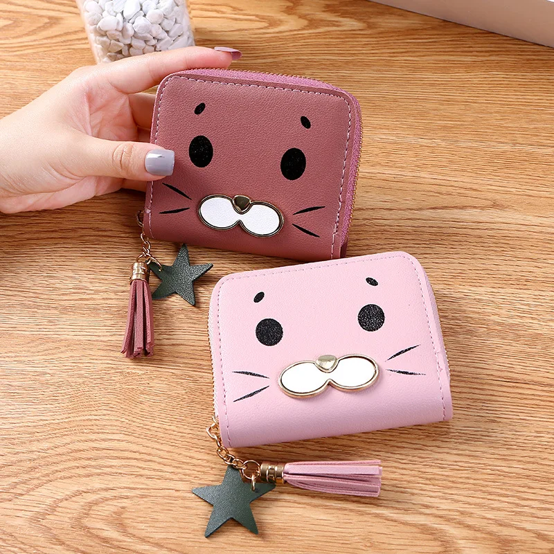 new small wallet ladies short zip wallet Korean version of the cute cat mini key coin purse