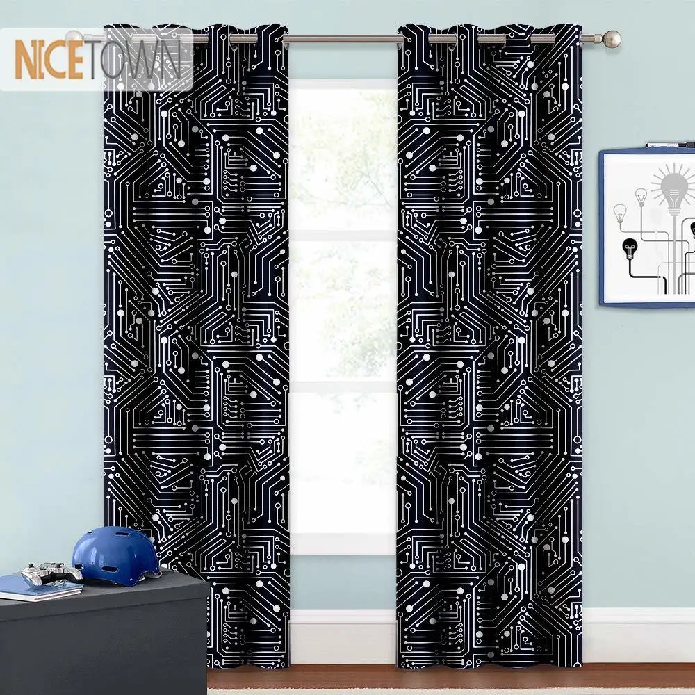 

NICETOWN Printed Curtains Decorating Computer Art Backdrop with Circuit Board Diagram Light Block for Bedroom Backdrop Foyer