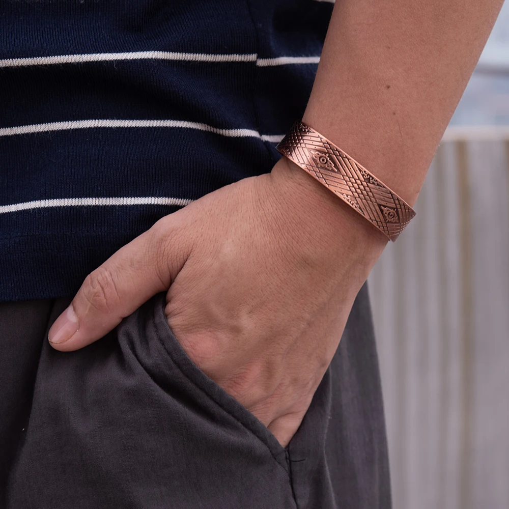 Vinterly Magnetic Pure Copper Bracelet Men Benefits Energy Adjustable Open Cuff Bangles Male Vintage 15mm Wide Jewelry Resizable 5