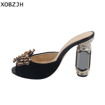 

High Heels Women Shoes 2019 Luxury Ladies Wedding Party Black Genuine Leather High Slippers Open Toe Ladies Sandals Plus Size