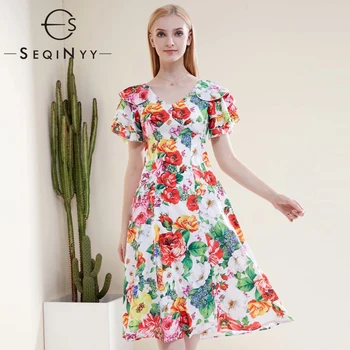 

SEQINYY Romantic Sicily Dress 2020 Summer Spring New Fashion Design Women Short Sleeve Ruffles Flowers Print Slim Knee Dress