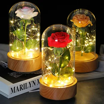 

Automatic Rotary Elm Base Eternal Flower Glass Cover Music Box Sky City LED Night Light