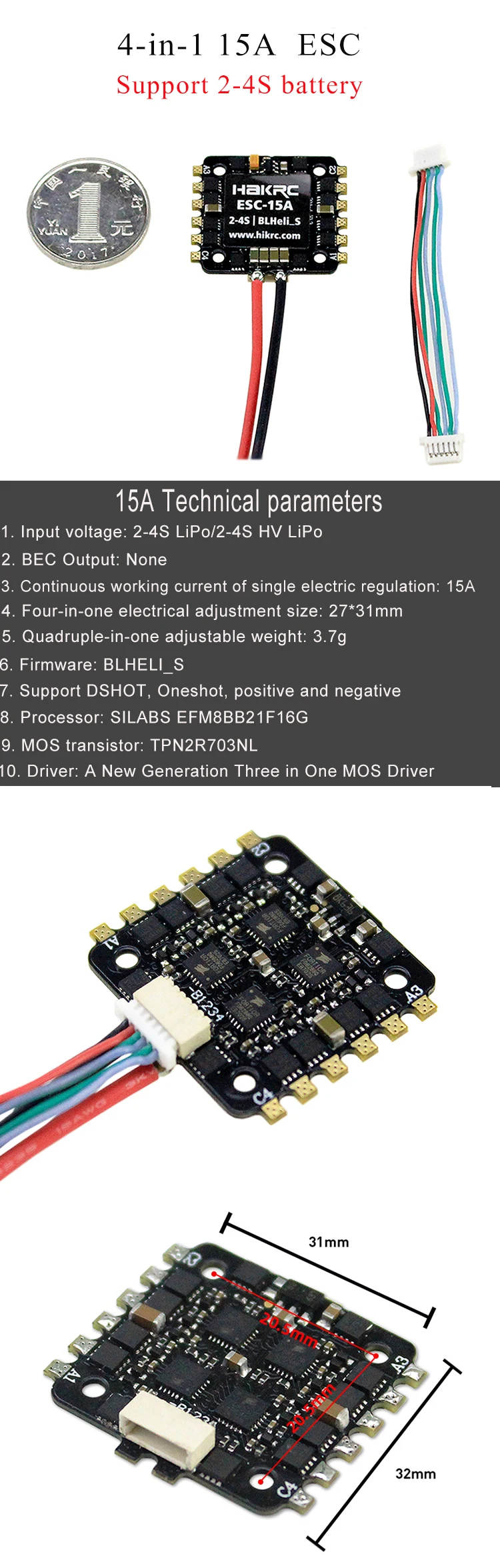 HAKRC 4-в-1 ESC 15A 20A 30A 40A 2-4S Четырехместный-в-одном электрической регулировкой FPV5.8G аэрофотосъемки 4-в-1 BL-S