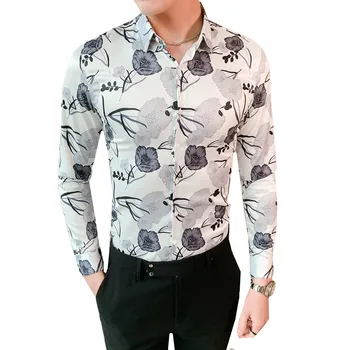 

Men Long Sleeve Shirt Chemise 2020 Spring Autumn Man flower Shirt personality fashion casual Slim Fit Club Prom Shirt M-4XL