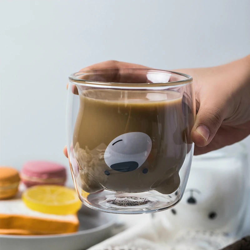Милые двойные стеклянные кружки домашняя термостойкая прозрачная чашка для завтрака молочный напиток кофейные кружки креативный подарок для пары чашки