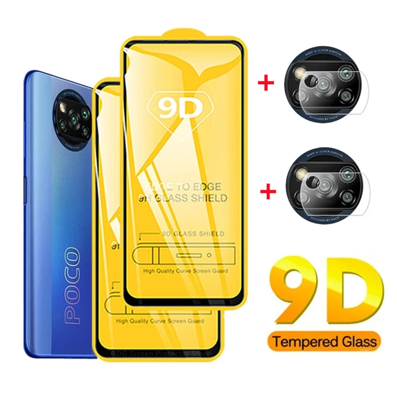 4-en-1 9D protectores de pantalla de vidrio templado para Xiaomi Mi Poco X3 NFC F2 Pro lentes de cámara protectores película para Xiaomi Mi Poco M3 F3