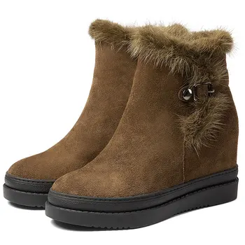 

Women's natural suede leather wedge platform ankle boots warm plush winter high quality comfort short booties metla buckle shoes