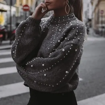 

Casual Jumper Pearl Turtleneck Winter Knitted Sweater Women Lantern Sleeve Loose Gray Pullover Female Soft Warm Autumn