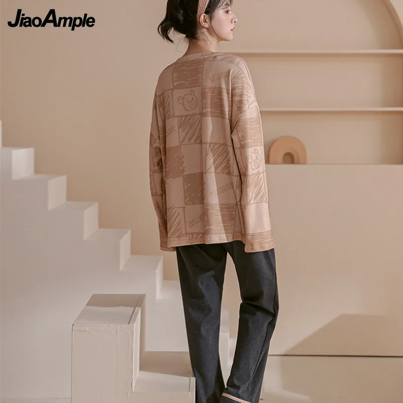 Women's Pajamas 2022 Spring Autumn New Cotton Long-sleeved Trousers Pijamas Two-piece Korean Cute Cartoon Nightwear Home Clothes