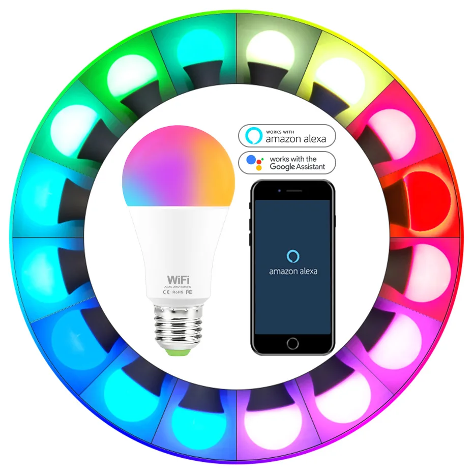 E27/B22 WiFi контроль светодиодный RGB меняющие цвета лампы AC85-265V 15 Вт затемняемый многоцветный светодиодный светильник с Alexa Google Home Assistant