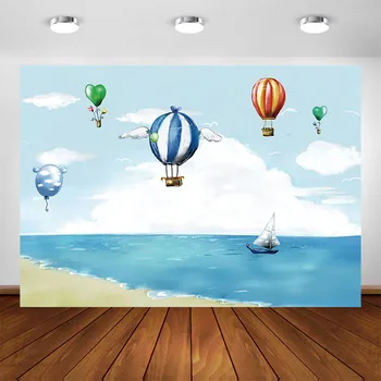 

Photography Background Blue Sky and White Clouds Hot Air Balloon Backdrop for Newborn Birthday Party Decoration Photo Backdrops