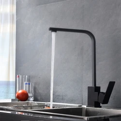 Kitchen Faucet Single Hole Black Hot And Cold Pure Water Sinks Deck Mounted Mixer Tap L Shape Midnight Black  Kitchen Spigots