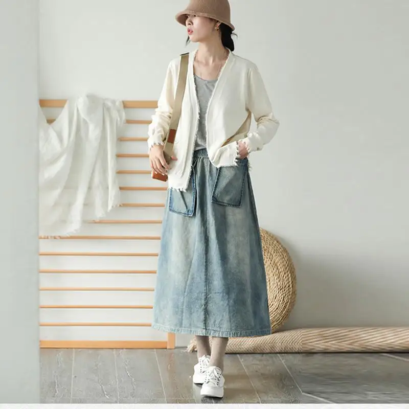 Light blue Осенняя новая Корейская джинсовая Однотонная юбка для отдыха модная удобная универсальная Женская длинная джинсовая юбка с большим карманом - Цвет: Light blue