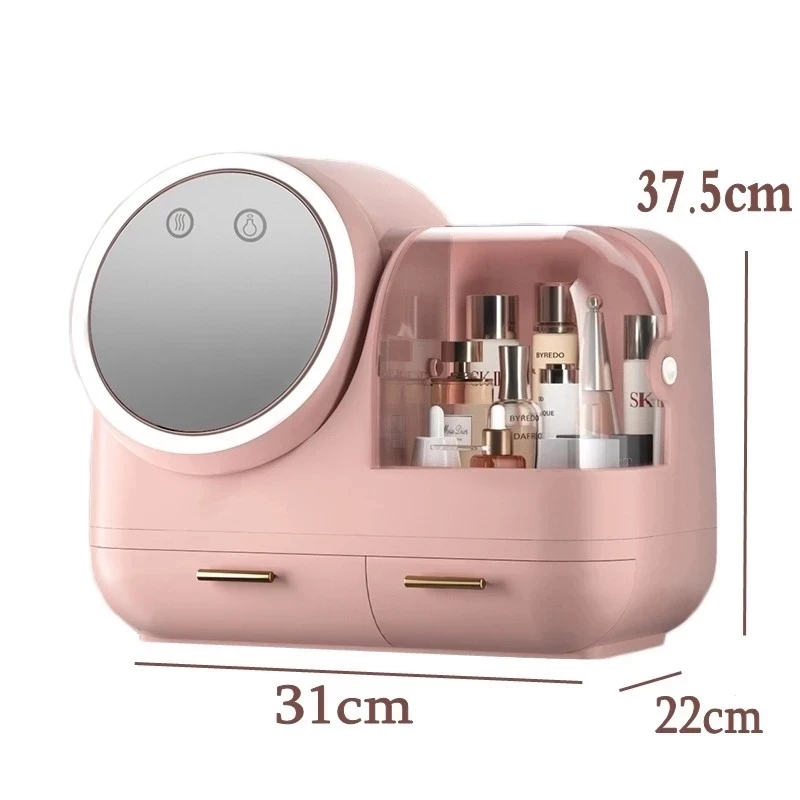 Fashion Makeup Organizer BOX USB Rechargeable Cosmetic Storage Box Jewelry Container Dustproof Drawer Waterproof Mirror LED Lamp