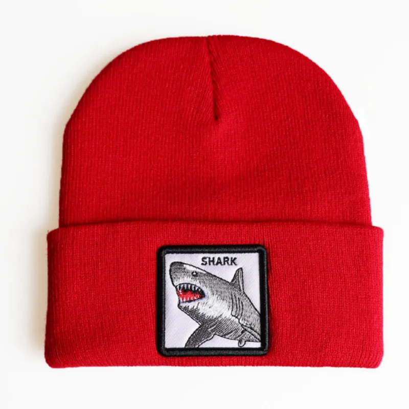 shark red Зимняя вязаная шапка с животными, модные мужские шапки в стиле хип-хоп, уличная шапка Kpop Skullies Beanie, Лыжная зимняя Лыжная шапка - Цвет: shark red