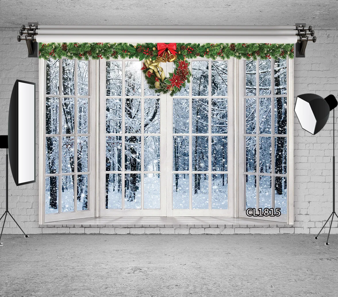 Фон для фотосъемки с изображением зимнего леса снега снаружи деревенского деревянного окна Рождественская фотосессия Фотостудия