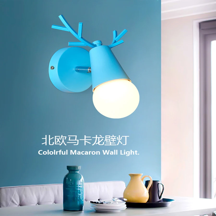 

Led indoor wall lamps stair wall lamp fixture nordic macaron antler modern wall light wooden base bedroom E27 bulb wall sconces