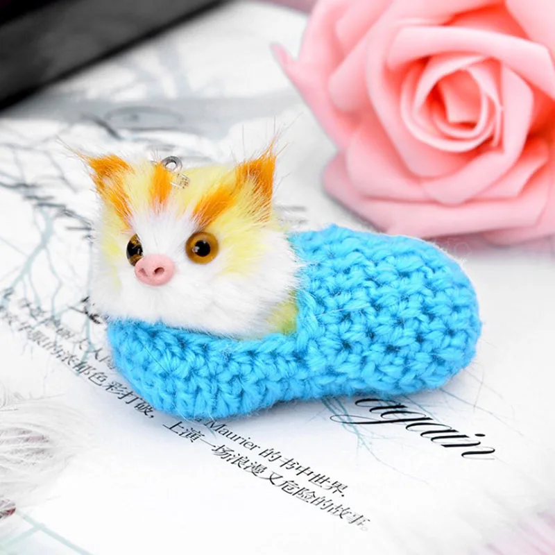 Милые kawaii брелки Спящая кошка помпон брелок для женщин девочек ручной работы из искусственного меха кролика котенок брелки для ключей ключи от машины брелок - Цвет: Blue