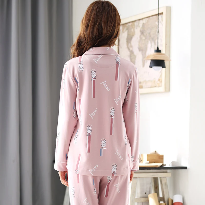 Пижамные комплекты розовая пижама с длинными рукавами с персонажами из мультфильмов, одежда для сна из хлопка для сна для отдыха женская одежда Повседневное Домашняя одежда 2 шт./компл. M-3XL
