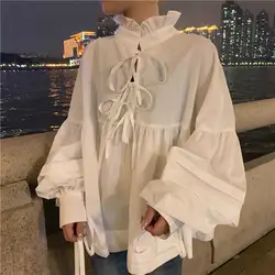Корейская блуза с пышными рукавами, женские белые рубашки, милая стойка, шея куклы, галстук-бабочка, рубашка для девушек, осень, крест