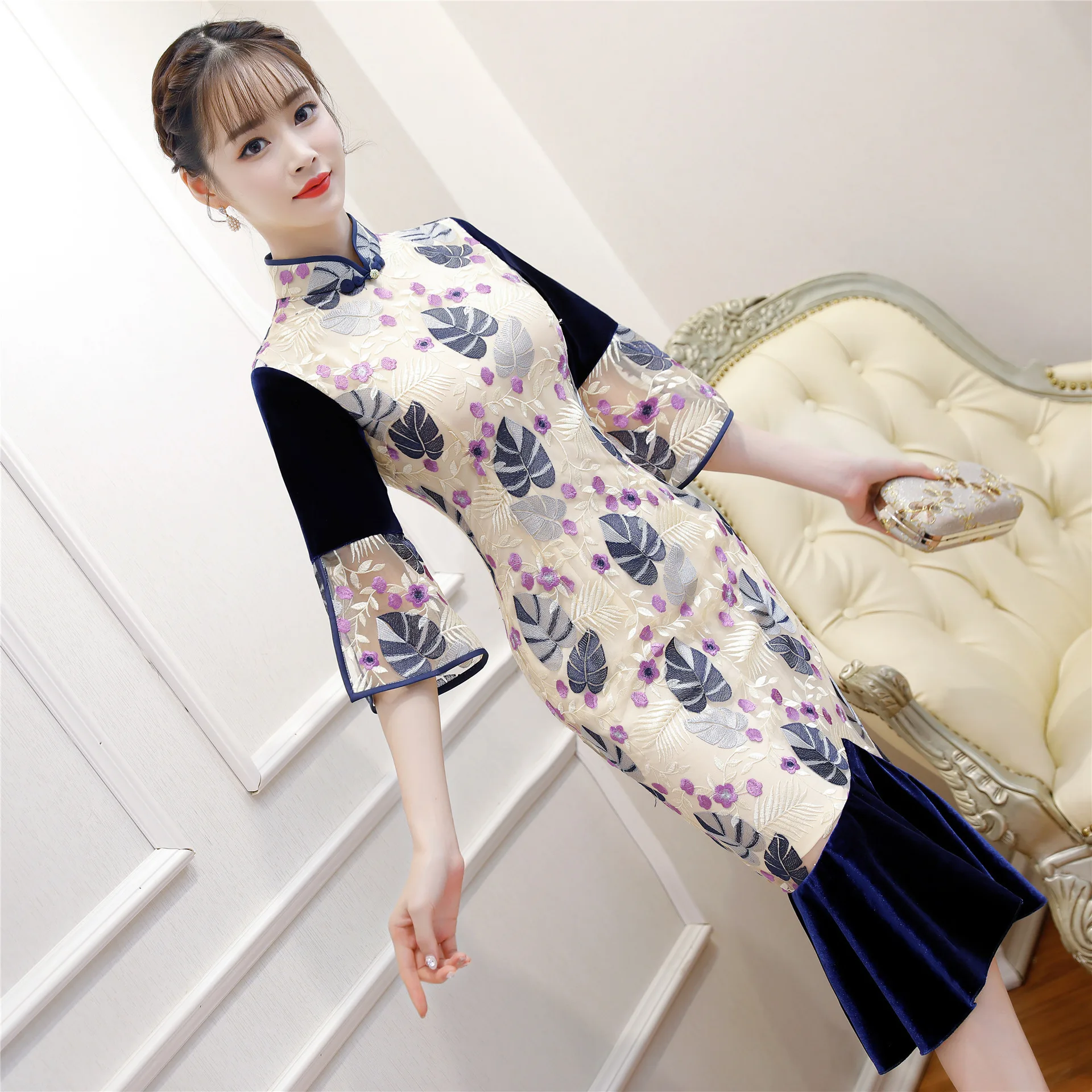 Мадарин воротник Русалка Cheongsam велюр лоскутное для женщин Новинка китайский Qipao платье Сексуальная Леди Элегантный Vestidos Формальное вечернее платье