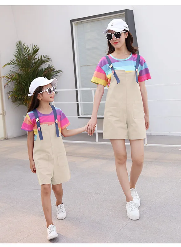 Different Family Matching Summer Clothes Rainbow Mother and Kids Casual Cotton Dress Girls Shirt+ Ovearalls Pants Boys Set