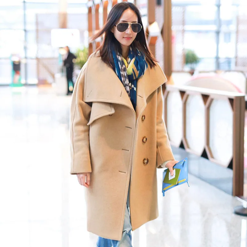 

New Women Woolen Coat Autumn And Winter Funnel Collar Long Jacket Outwear Female Single-breasted Cardigan Top With Large Pocket