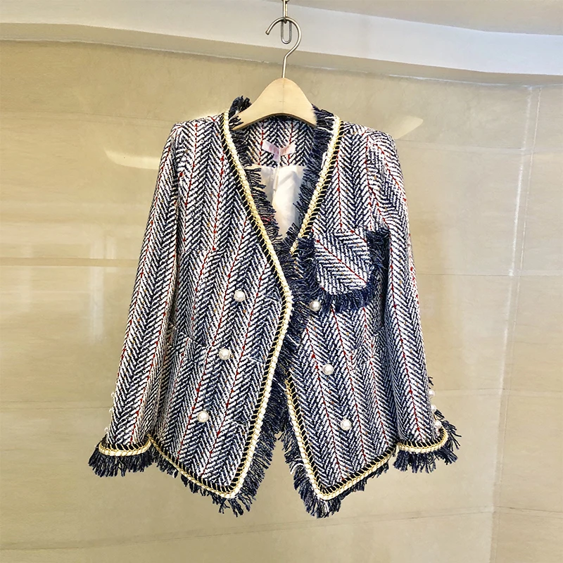 VERHELLEN, Harajuku, подиум, синий, белый, твидовый жакет, весна, женский, длинный рукав, v-образный вырез, элегантный, жемчуг, кисточка, кардиган, пальто