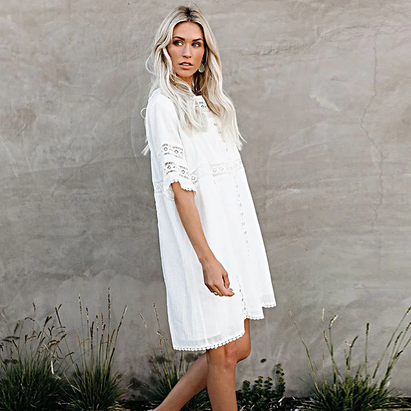 NODELAY Cotton Beach Wear Cover Up Women New Hollow Bikini Cover-Ups White Swimwear Loose Beach Dress Tunic Beachwear Pareo
