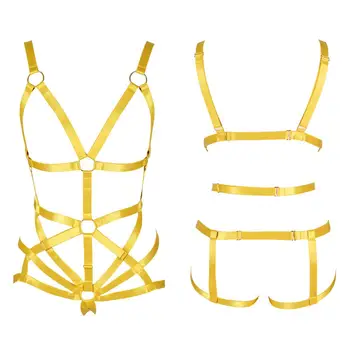 

Yellow Lingerie Harness Bra Belt Cage Body Strappy Top Ring Leg Garter Suspender Hollow Out Full Set Waist Bandage Punk Wear