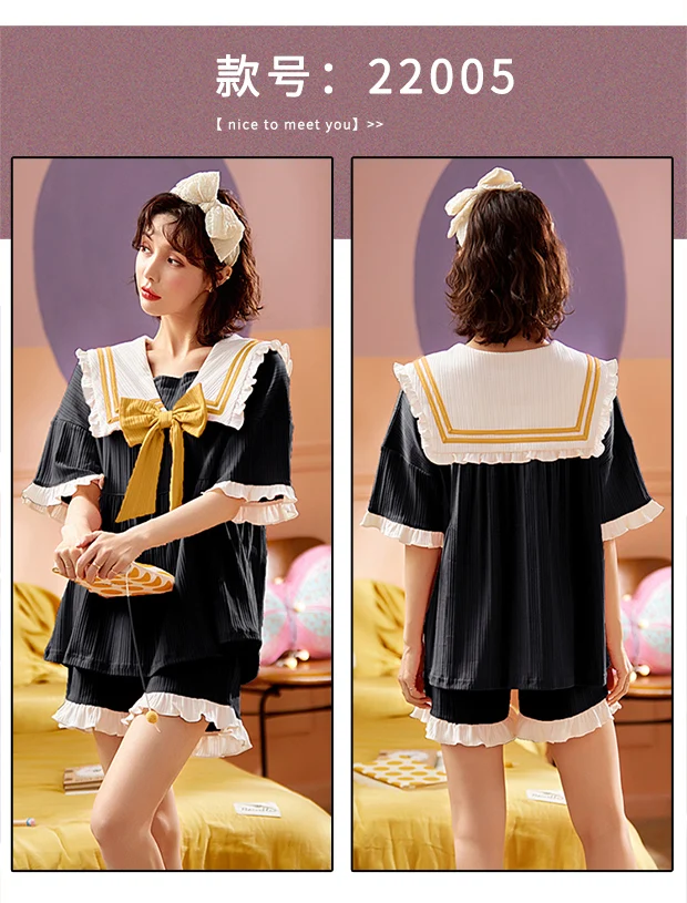 Conjuntos de Estilo Tops + Shorts do Vintage Verão Feminino Pijamas Universitário Japonês Algodão Azul Senhoras Casa Wear Kawaii Arcos Meninas 20 Pijamas e Moda Íntima