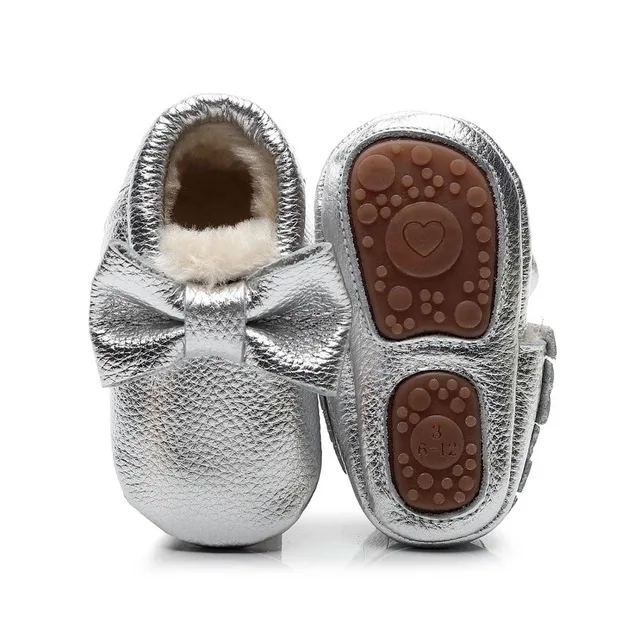 sliver New Winter Children chamois Shoes Genuine Leather Party Baby Shoes Infant Toddler Moccasins Bow Fringe Hard Rubber - Цвет: sliver