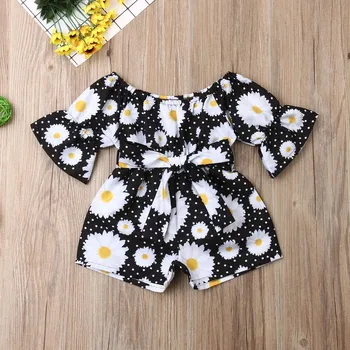 

Baby Kids Girls Flare Sleeve Off-Shoulder Floral Print Romper Jumpsuit With Belt