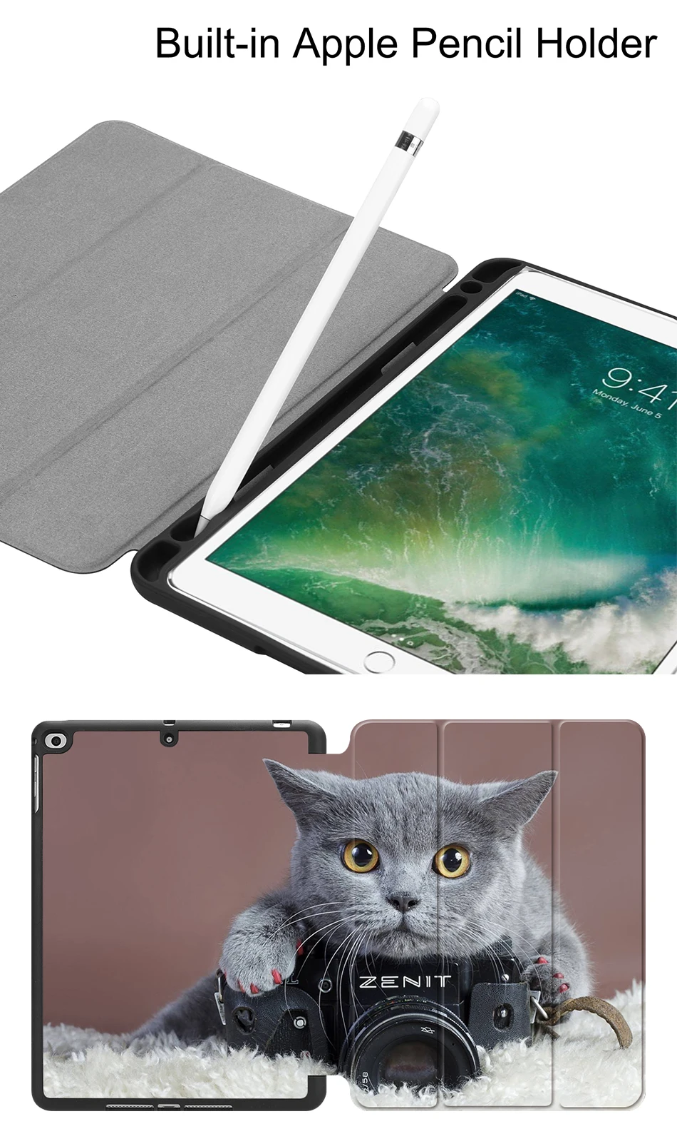 Чехол MTT с милой кошкой и собакой для iPad 9,7 дюймов Air 1/Air 2, мягкий чехол из искусственной кожи с откидывающейся крышкой-подставкой и карандашом, чехол для планшета