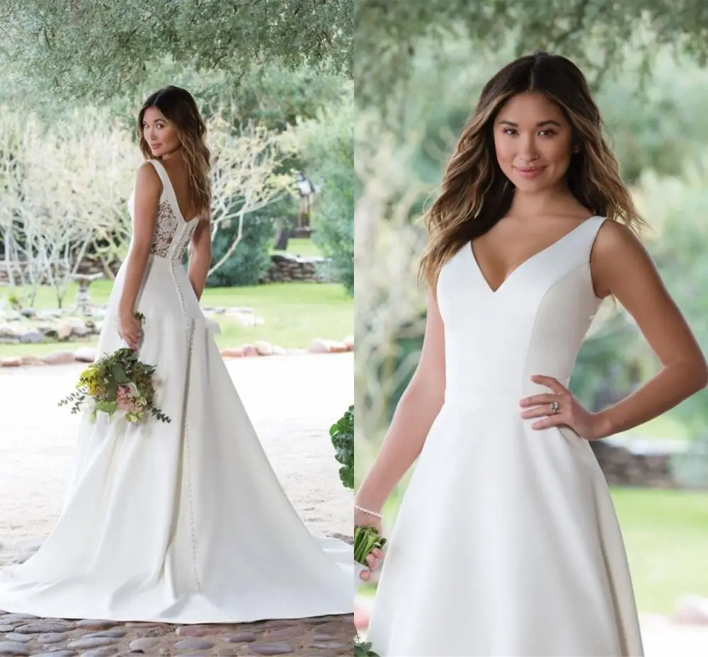 

2024 New Satin Wedding Dresses A Line V Neck White Ivory Illusion Button Bridal Gowns Vestido De Noiva Court Train
