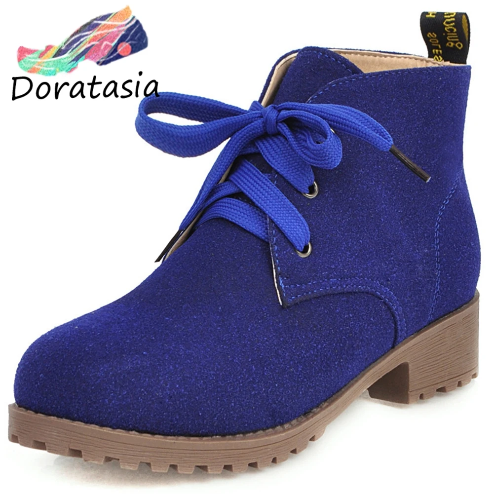 

DORATASIA Girl Comfort Low Platform Boots Concise Solid Ankle Boots Women lace-up Med Chunky Heels Shoes Woman