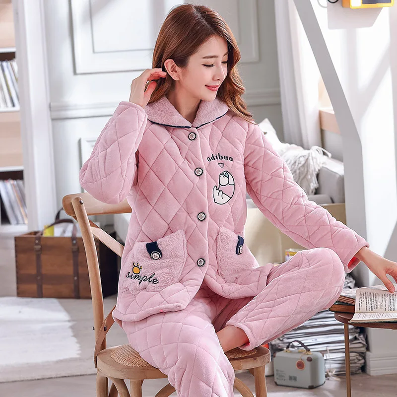 

91259 # Winter Flower Three Layer Padded Pajamas Women's Mink Cashmere Tracksuit Winter Flannel Set M -Xxl