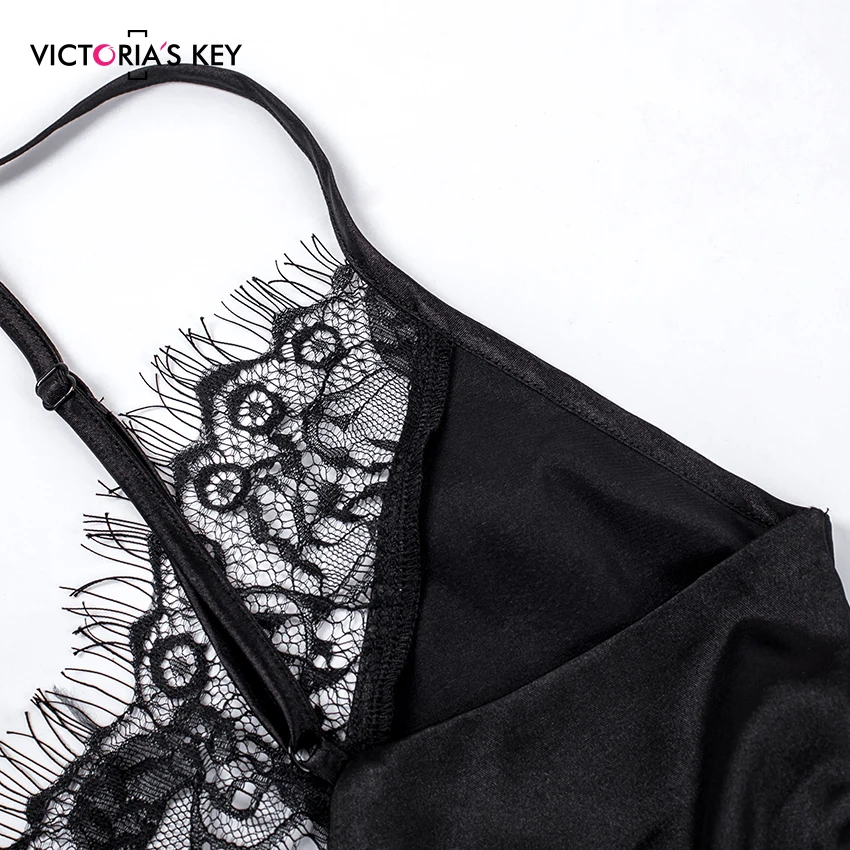 VICTORIA'S KEY, сексуальный черный топ с v-образным вырезом без рукавов, Шелковый топ на бретельках и сетчатые кружевные шорты, пижамный комплект, осенняя Пижама, женские пижамные комплекты