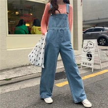Корейский стиль ulzzang комбинезоны Твердые эластичный пояс Карманы Высокая талия джинсы ins полная длина свободные женская одежда синий мода