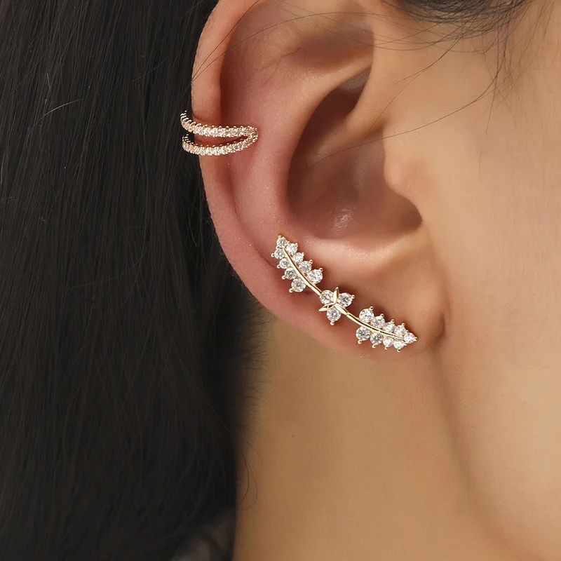 2021 New Ear Clip Bohemian Gold Color Ear Cuffs Zircon Leaf Clip Earrings For Women Climbers Stud Earring Fashion Accessories
