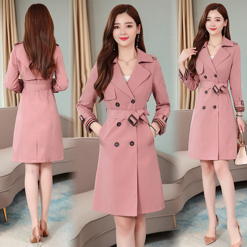 Осень и зима Макси женский модный свободный Тренч с поясом хаки и розовый размера плюс Корейская винтажная ветровка верхняя одежда