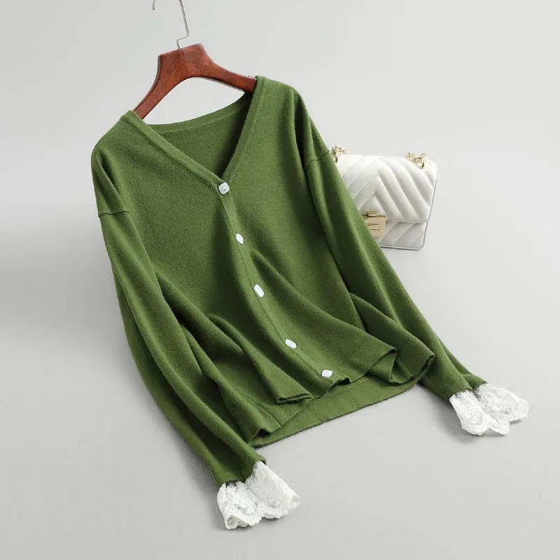 

J295 New Women's Sweet White Lace cuff Patchwork V Neck Cardigan Solid Color Autumn Knitwear Sweater Tops