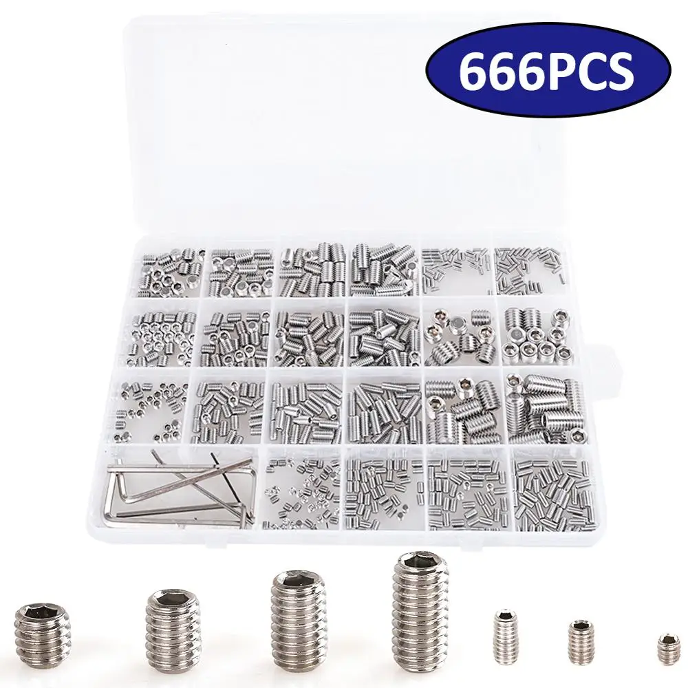

666pcs Stainless Steel Hexagon Socket Set Screw Flat Point Grub Screw Assortment Kit M2 M3 M4 M5 M6 M8 Headless Set Screw