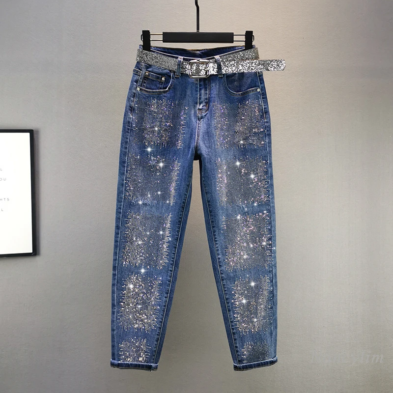 

High Street Hot Drilling Jeans Woman 2020 Autumn New Cotton Elastic High Waist Loose All-match Old Dad Collapsed Pants Jeans