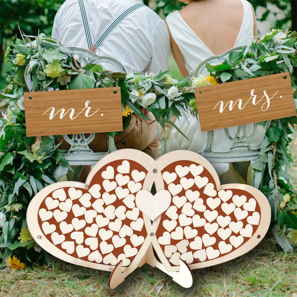 

Valentine's Day Gift Unique Double Heart Wedding Guest Book Signature Sign with 100 Wood Heart Drop Frame Rustic Home Decoration