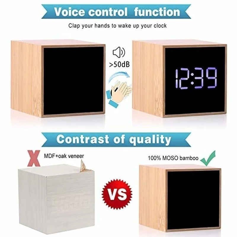 Бамбуковый цифровой будильник Регулируемая яркость Голосовое управление стол большой дисплей время температуры USB/батарея питание